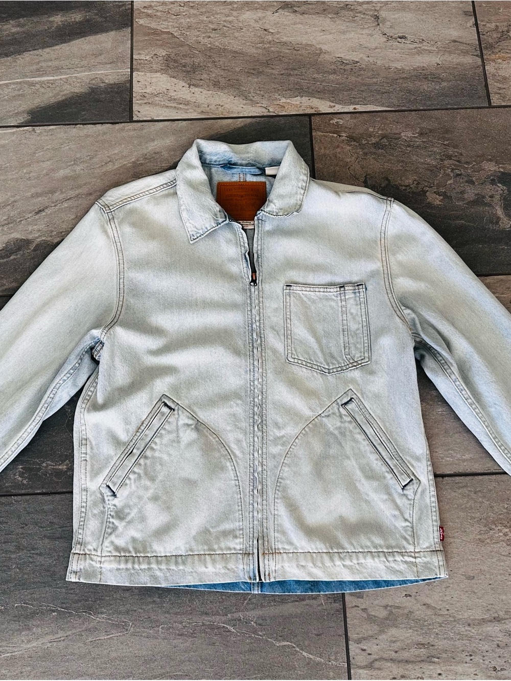 Men's Light Wash Denim Jacket - Casual Zip Front
